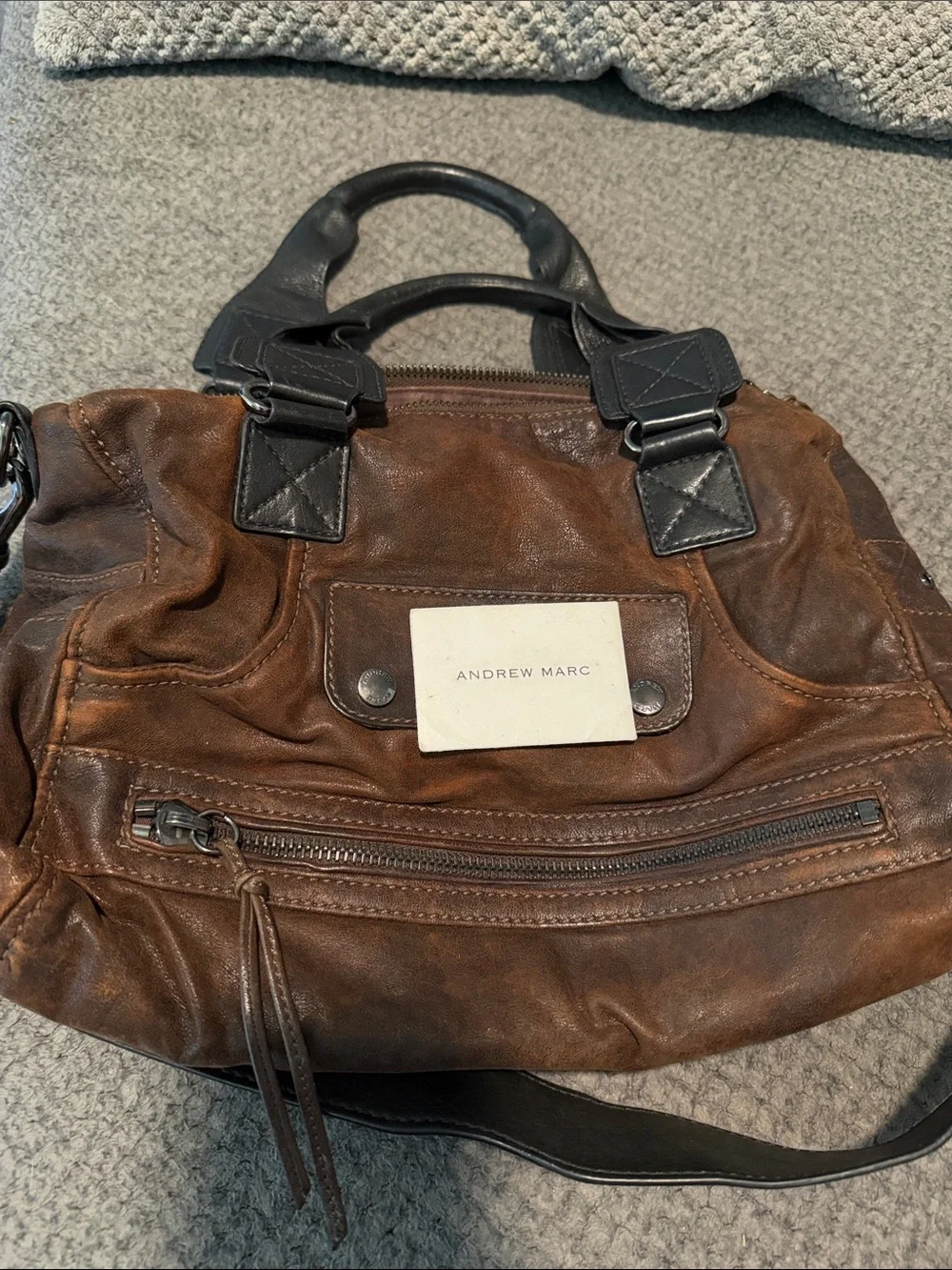 Andrew Marc Brown Leather Messenger Bag with Black Handles